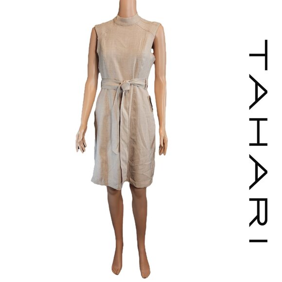 Tahari Dresses & Skirts - Tahari Seamed Tie Waist A-Line Dress NWT Tan Size 2